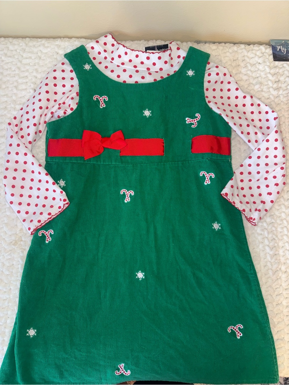 Holiday Green Jumper Dress with Red Bow and Polka Dot Undershirt